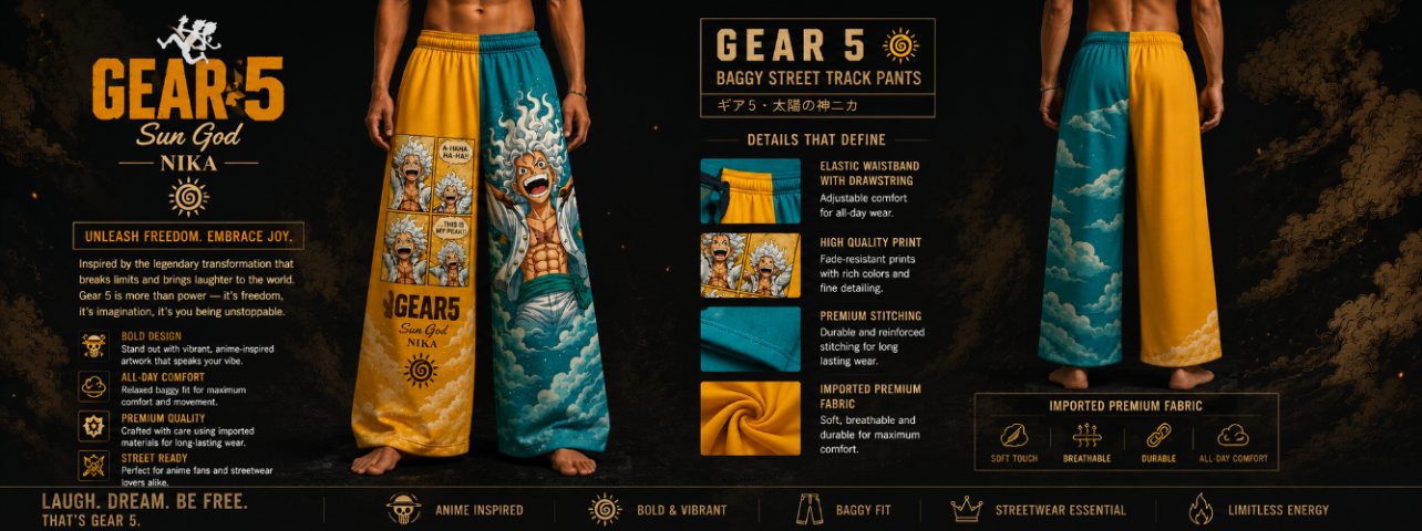 Promotional image of a person wearing colorful pants with brand details on a dark background