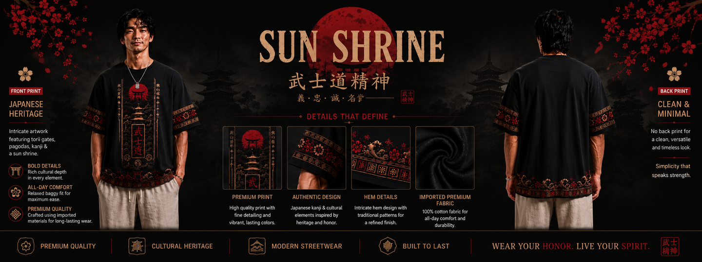 Black t-shirt with red and gold design displayed on a model, featuring 'Sun Shrine' branding.