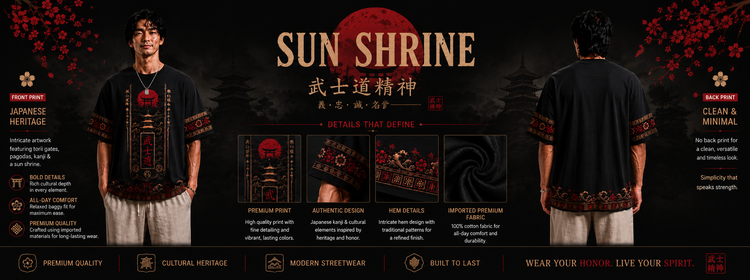Black t-shirt with red and gold design displayed on a model, featuring 'Sun Shrine' branding.