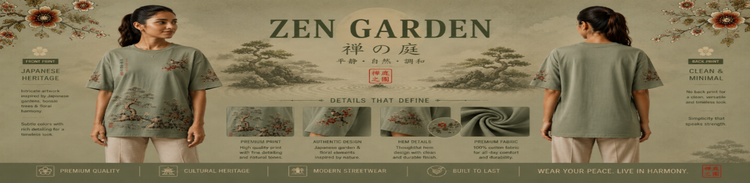 Person wearing a green t-shirt with a 'Zen Garden' design, standing in front of promotional text and graphics.